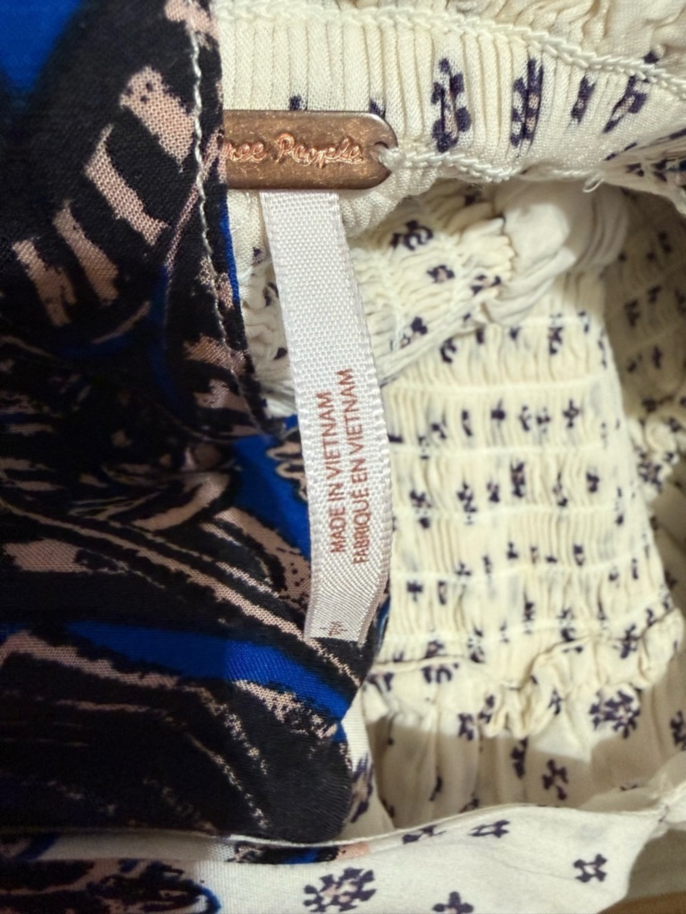 Free People Cream Printed V-Neck Smocked Mini Dress with Blue Embroidered Yoke - Picture 5 of 6